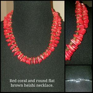 Red coral and brown heishi shell necklace